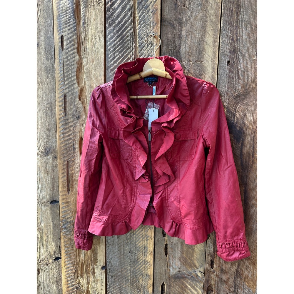 Red Ruffle Faux Leather Jacket Small Moto Biker Cropped Fashion On The Run - Picture 3 of 14